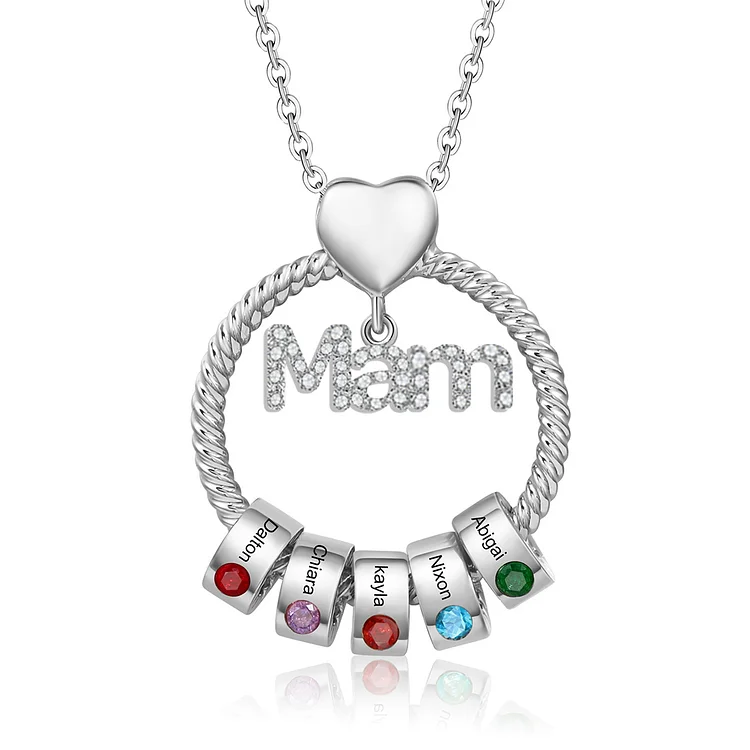 5 Names-Personalized Mam Circle Necklace With 5 Birthstones Pendant Engraved Names Gift For Mother