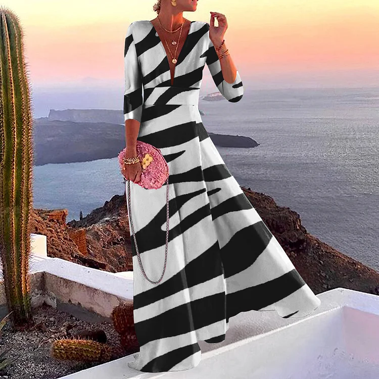 Vefave Deep V Neck Zebra Print Maxi Dress