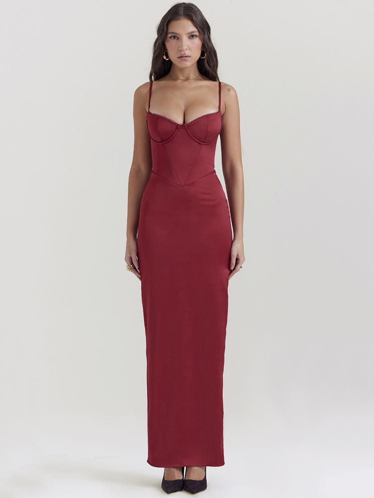 Ootddress Red Sexy Spaghetti Strap Bodycon Elegant Dress For Women Slim Fit Evening Dress Split Maxi Vesidos Party Club Clothing