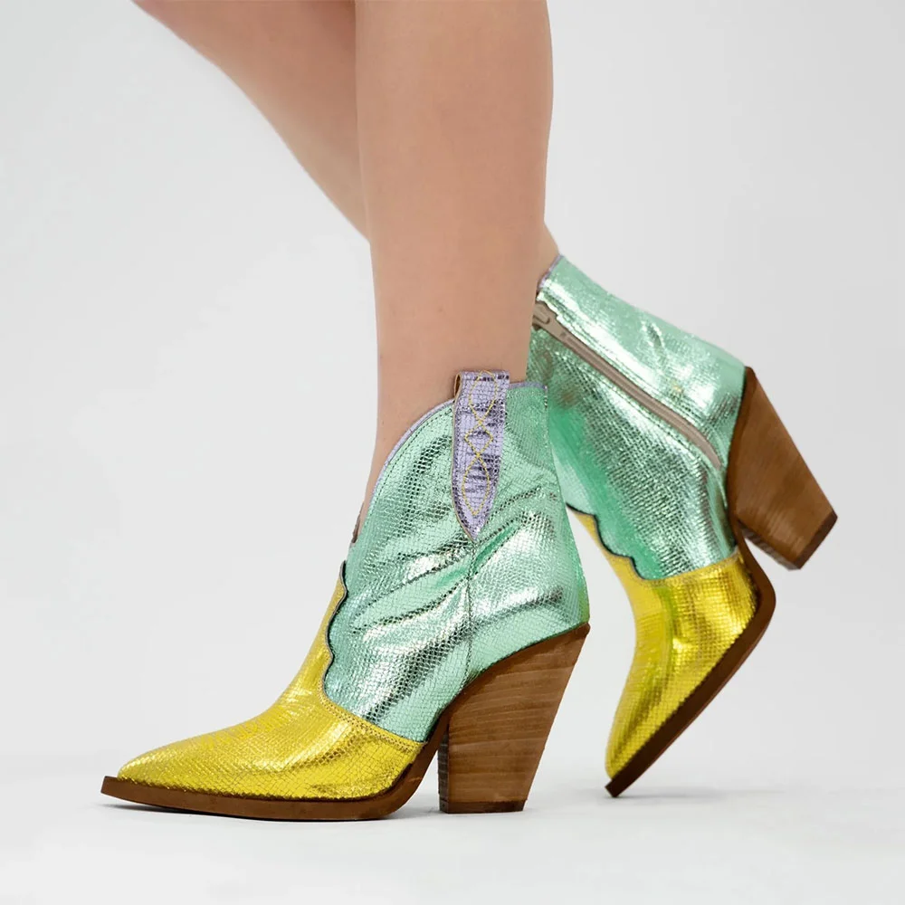 Metallic Yellow & Green Pointed Toe Block Heel Ankle Cowgirl Boots