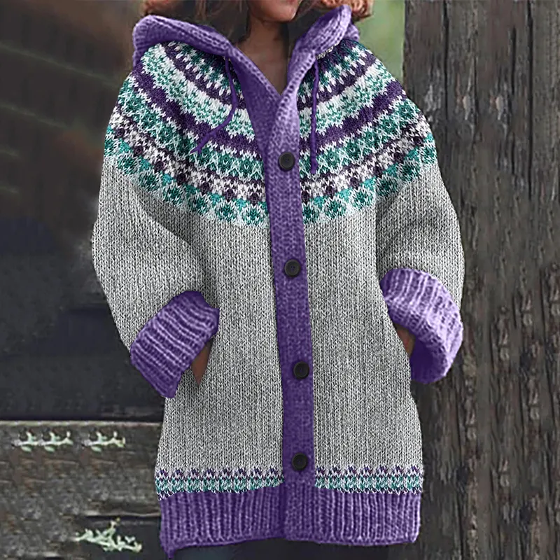 Retro Contrast Jacquard Button Cozy Sweater