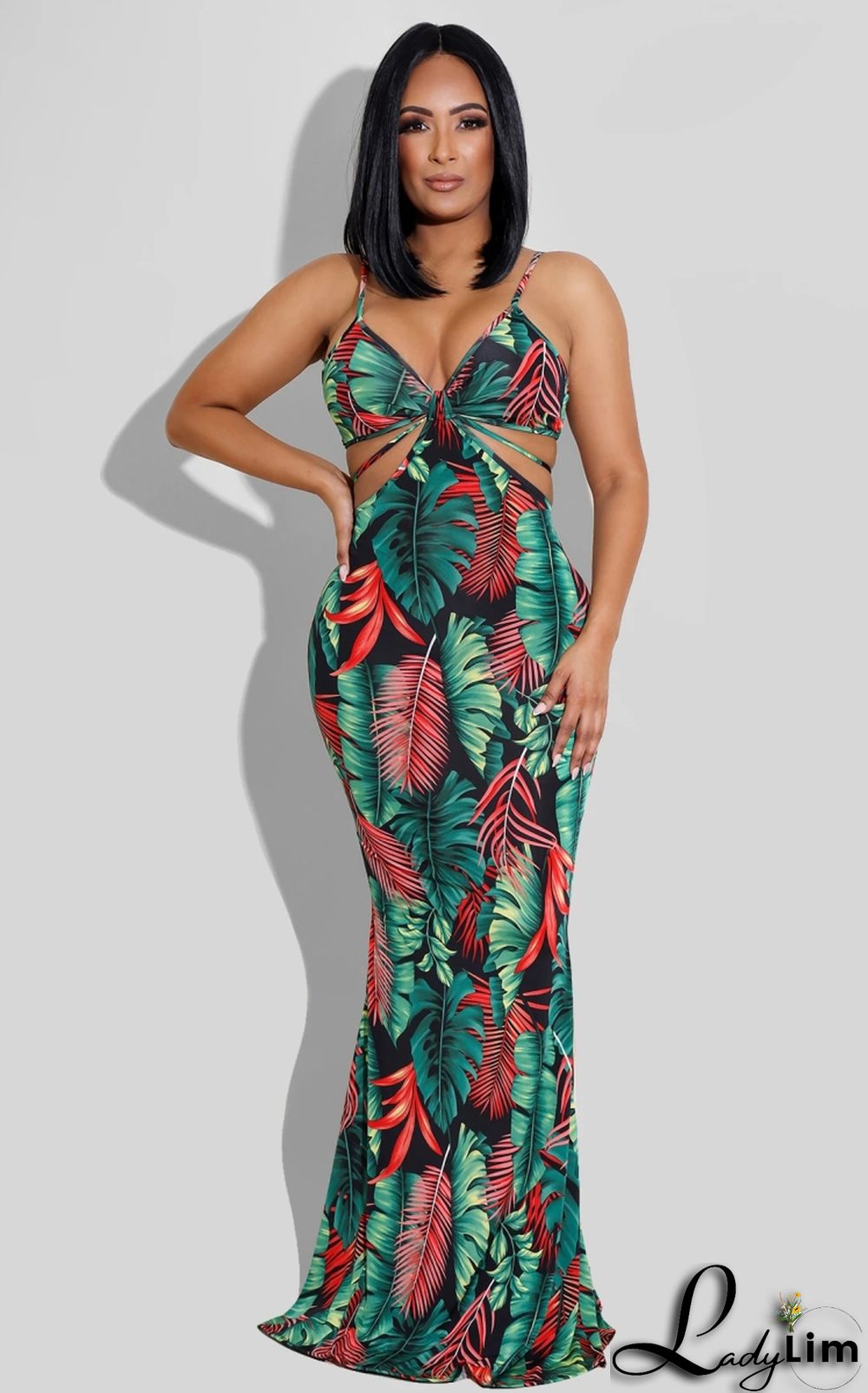 Summer Sexy Floral Green Hollow Out Halter Strap Mermaid Long Dress