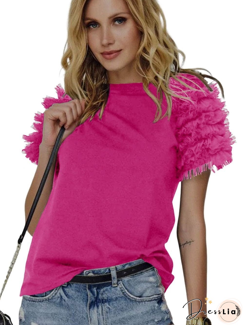 Mesh Rose Ruffled Tee with Short Sleeves