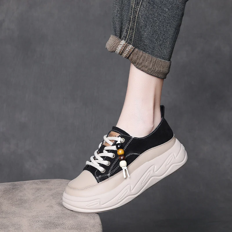 Yyvonne Version Of Leather Casual Shoes Women In The Autumn Of 2025 New Loose Cake Thick-Soled Bread Shoes With Two Soft-Soled Soft-Sided Soft-Sided