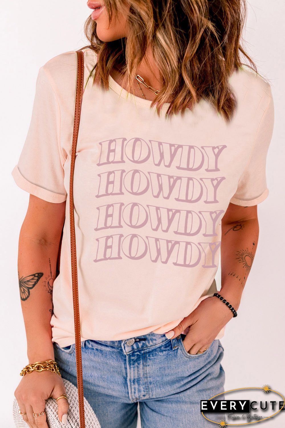 Pink HOWDY Letter Graphic Short Sleeve T Shirt