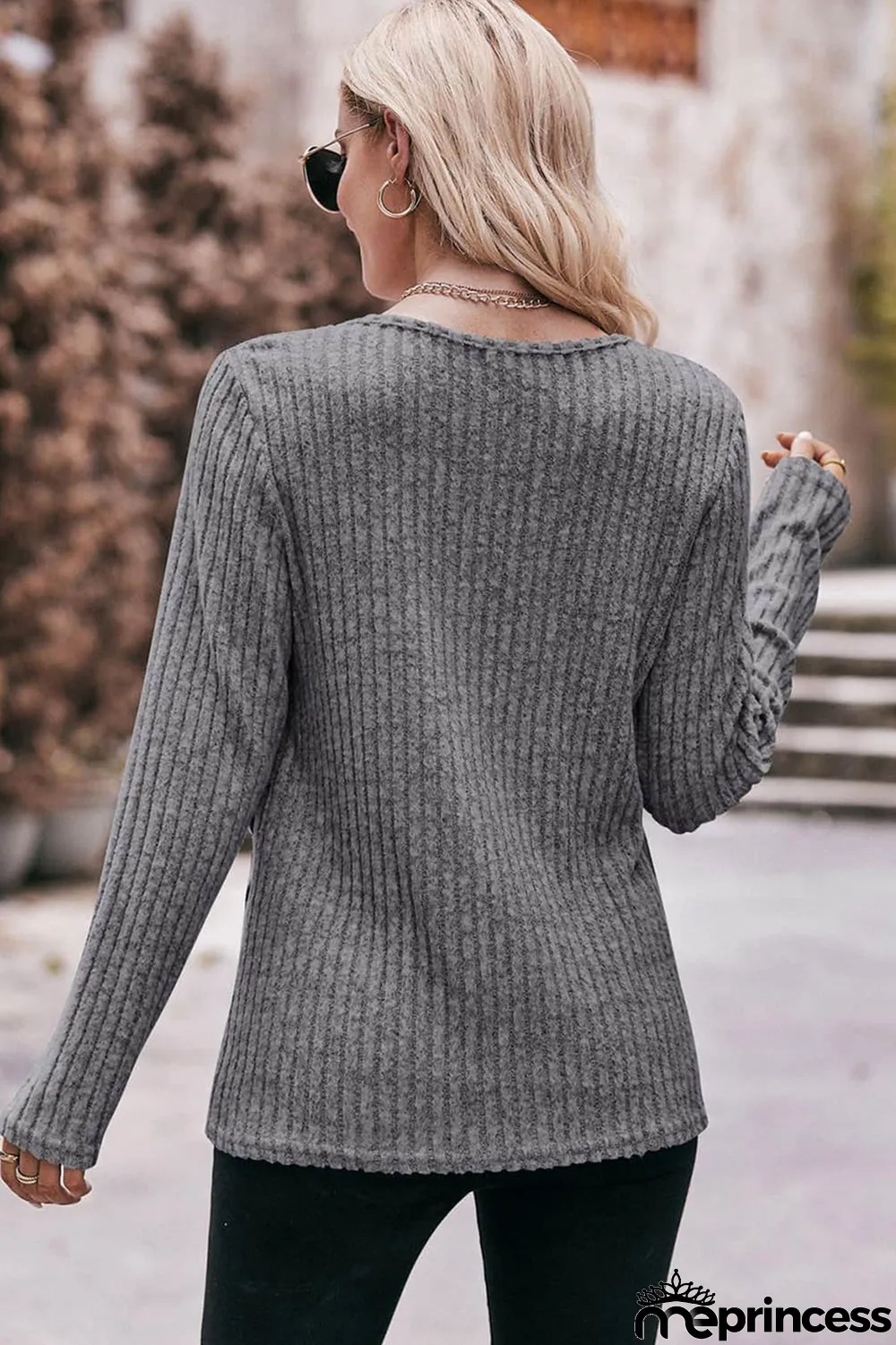 Gray Buttoned Hem Ribbed Long Sleeve Top