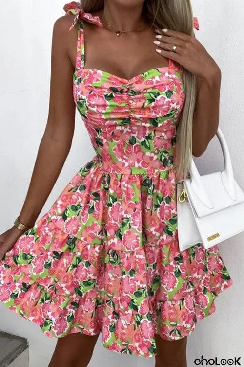 Fashion Printed Sling Off Shoulder Sleeveless Slim Dress