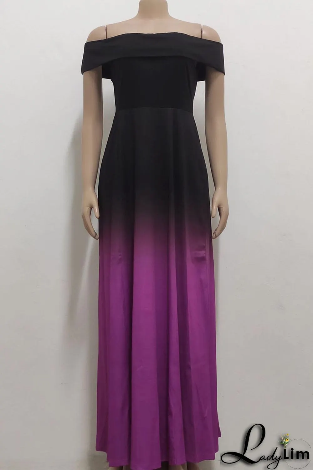 Purple Casual Gradual Change Print Patchwork Off the Shoulder A Line Dresses