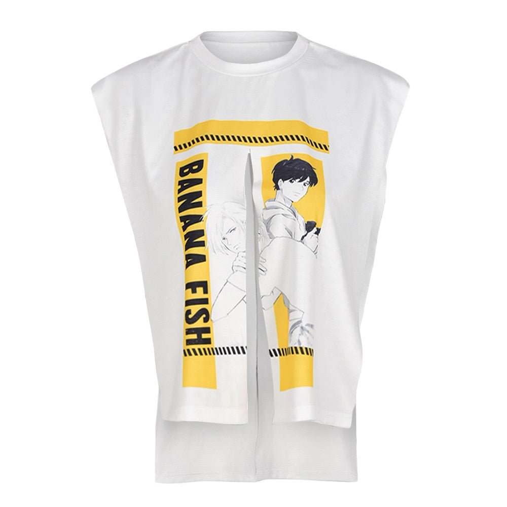 ANJAMANOR Graphic T Shirts Streetwear 2022 Summer Clothes for Women Sexy Asymmetrical Split Cut Out Sleeveless Tops D82-BD14