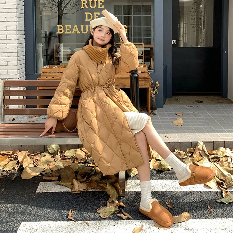 Toloer Ling Ge Knitting Collar Long Down Jacket Female 2024 Winter Fashion Thick Thin Belt Waist Show Thin Over The Knee Coat Tide-Outfit Ideas