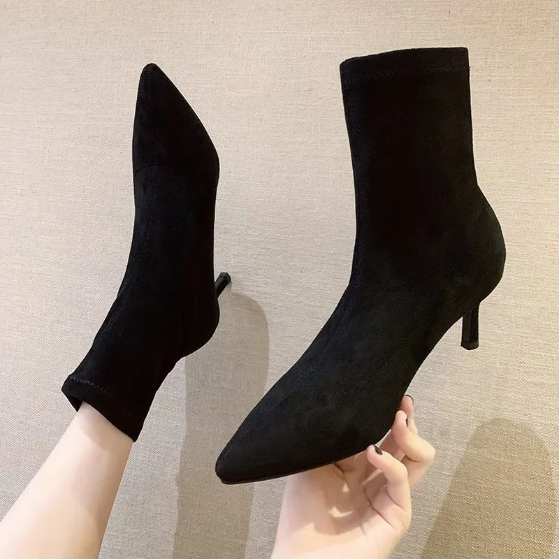 Women's Knitted Ankle Boots Women Shoes Woman Pointed Toe Stretchy Chunky Thin High Heels Fashion Sock Short Boots