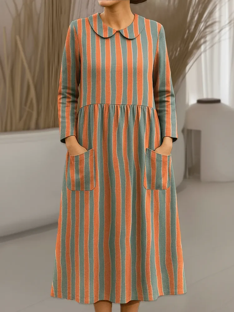 Women's Vintage Abstract Geometry Pattern Art Print Cotton Lapel Shirt Dress