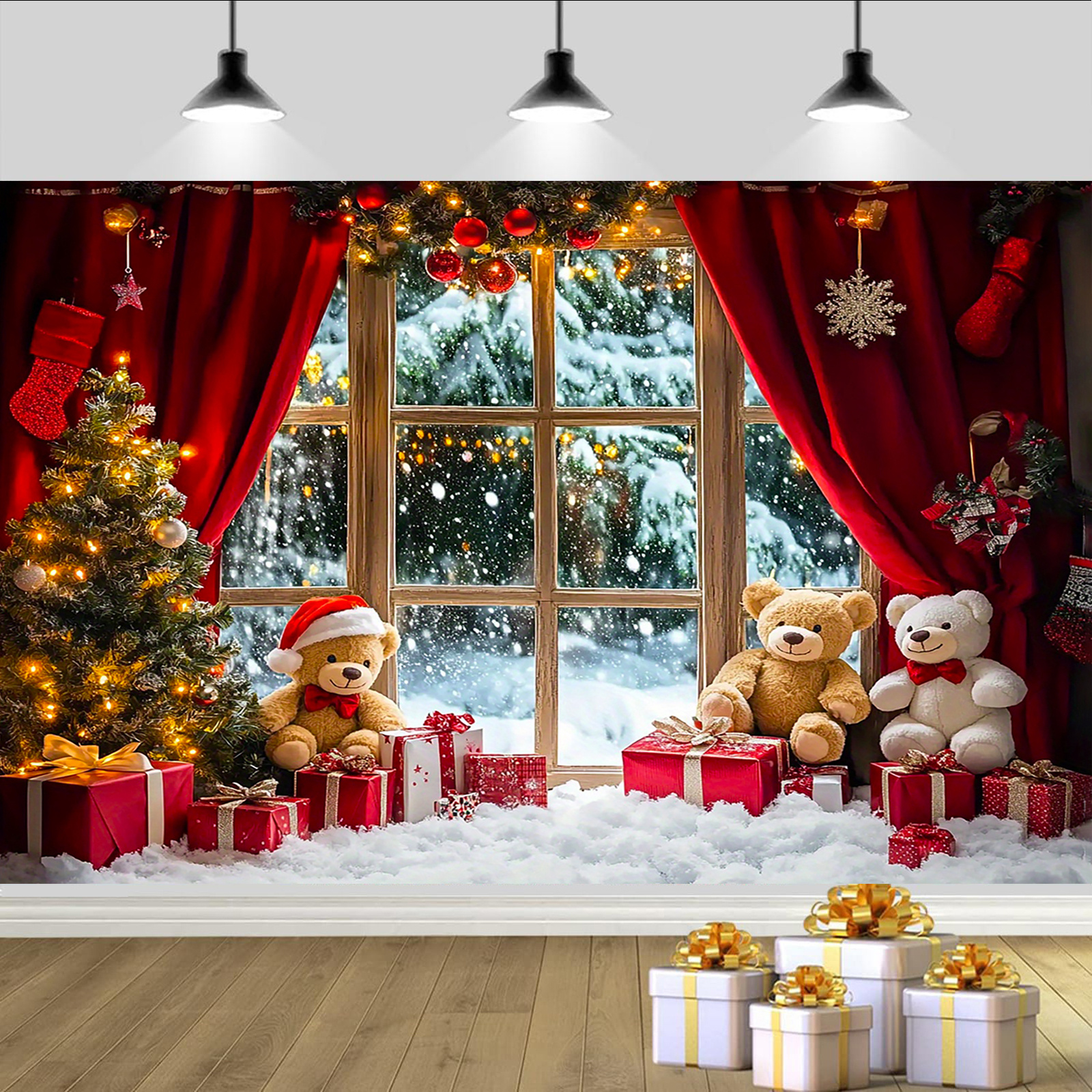 Tegooe Christmas Winter Snowy Window Photography Backdrop - Holiday Teddy Bear and Tree Photo Background Tegooe