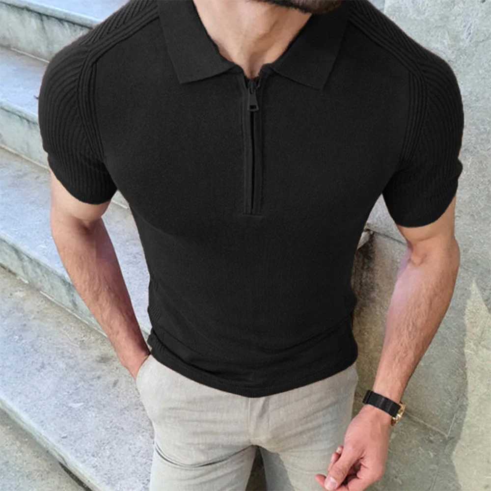 Smiledeer Men's Slim Lapel Short Sleeve Zipper Knitted POLO Shirt