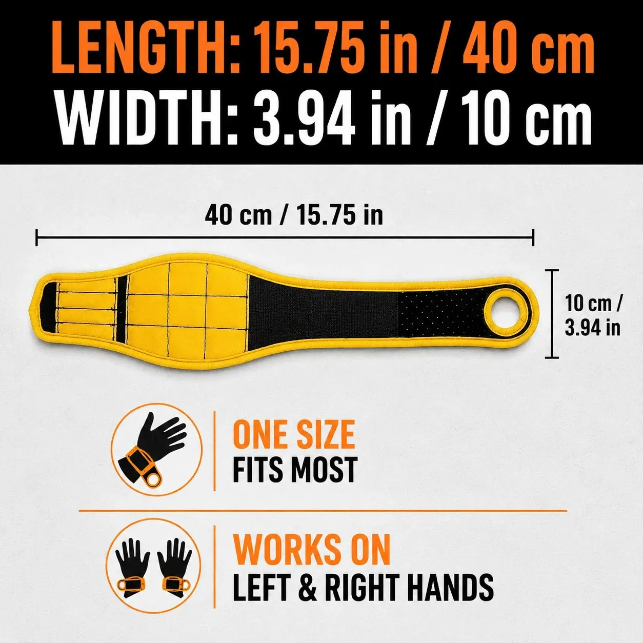 Magnetic wristband size chart showing 40 cm by 10 cm dimensions