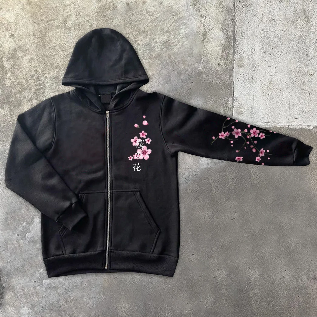 Sakura Vintage Print Fashion Zip Hoodies