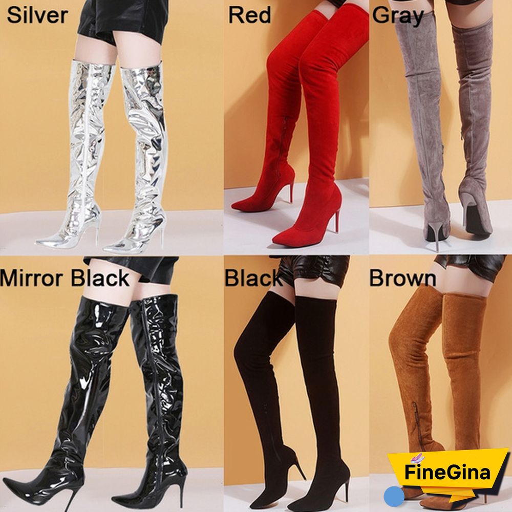 High Quality Women Fine Leather High-heeled Knee with Side Zipper Sexy Over The Heels