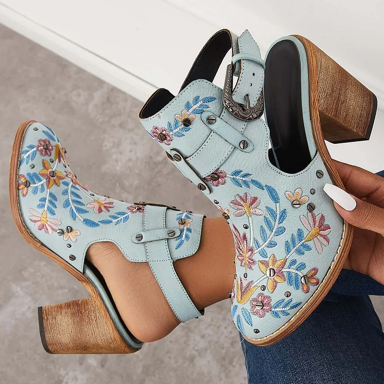 Blue Cutout Embroidered Chunky Heels Ankle Strap Slingback Sandals
