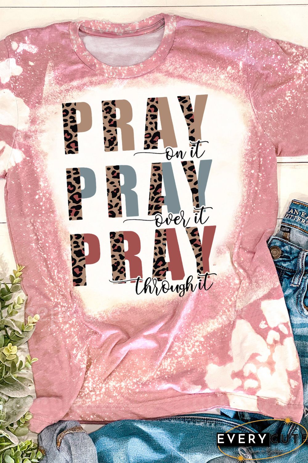Pink PRAY Leopard Tie Dye Short Sleeve Graphic Tee