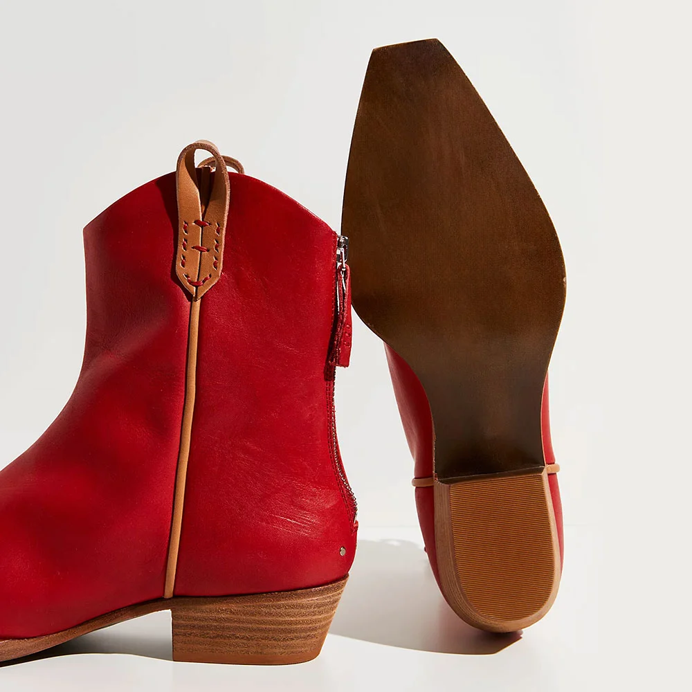 Red Low Chunky Heel Back Zipper Short Cowgirl Boots for Women