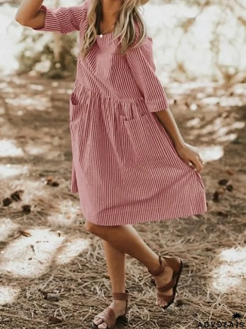 Women's Fashion Casual Cotton Linen Striped Pocket Loose Round Neck Dress