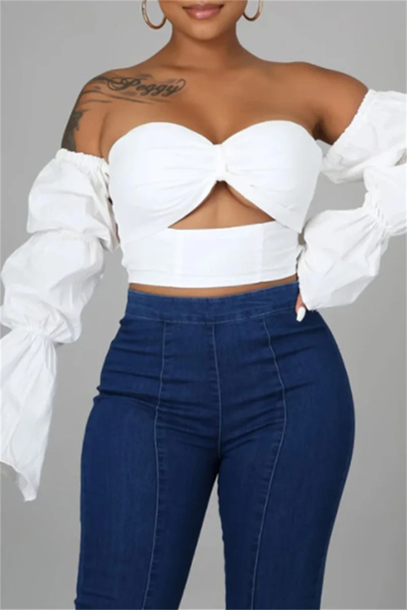 White Sexy Solid Hollowed Out Backless Strapless Tops | EGEMISS