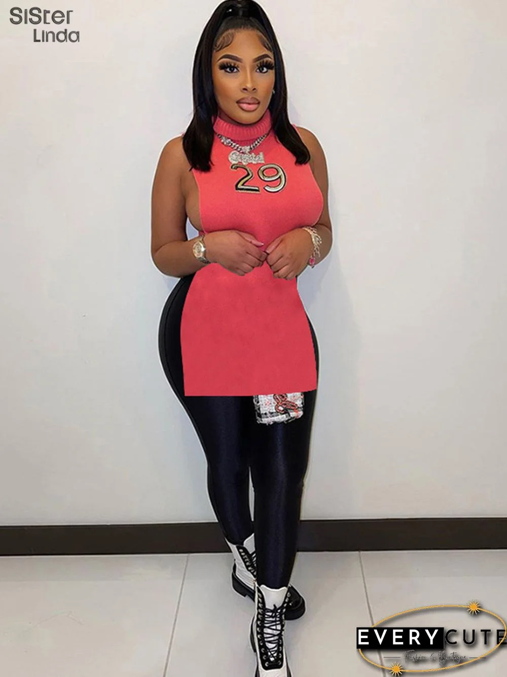 Casual Letter Embroidery Y2K Tank Top Women Sleeveless Knit Turtleneck Side Hollow Wild Slim Stretch Trend Vest