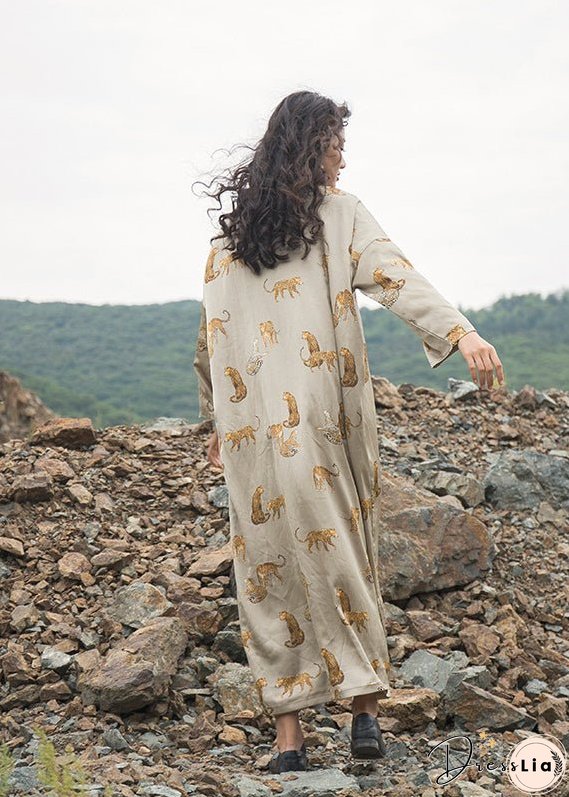 Italian Apricot V Neck Animal Print Silk Robe Dresses Fall