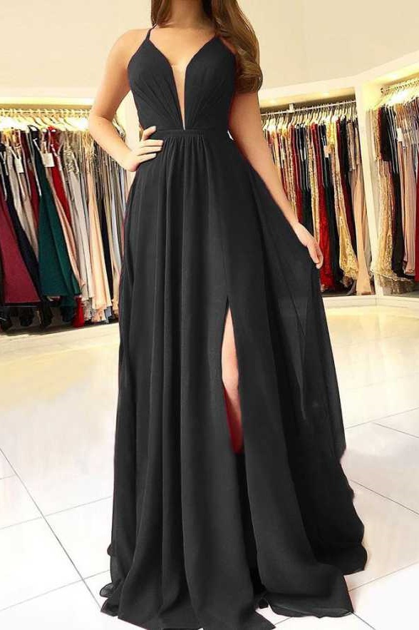 Ovlias Exquisite Black Halter Sleeveless Split Draped Backless Prom Dress LY0471