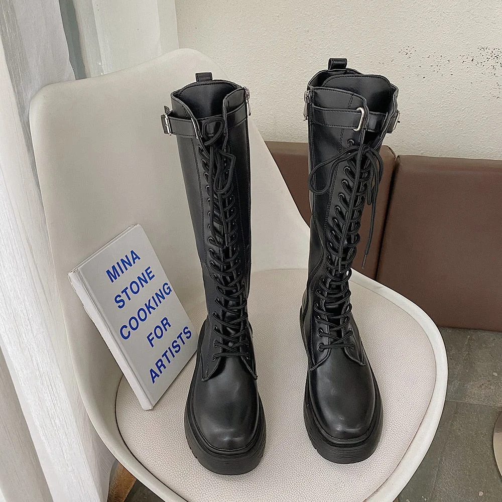 2021 New Thicken Winter Knight Boots Women Knee High Long Square Heel Boots Retro Thick Motorcycle Boots Black White botas mujer