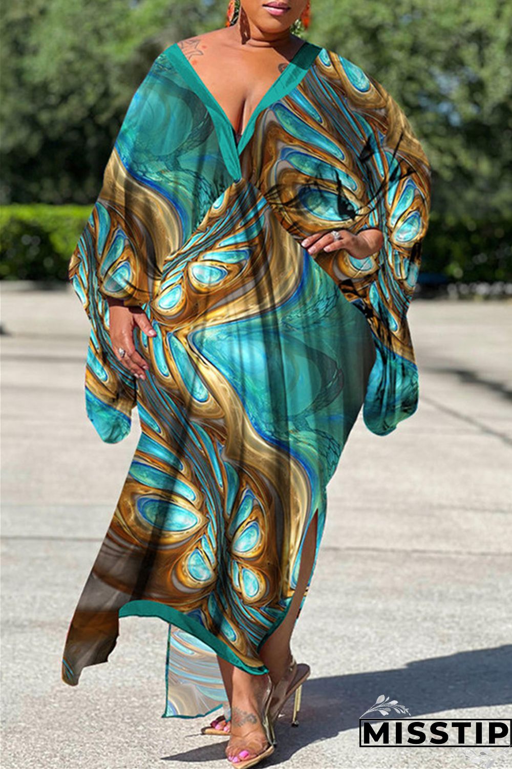 Red Gray Casual Print Patchwork V Neck Irregular Dress Plus Size Dresses