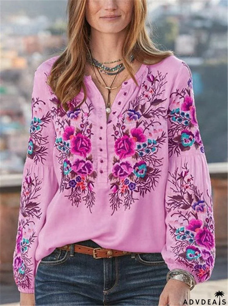V-neck button women flower printed autumn top