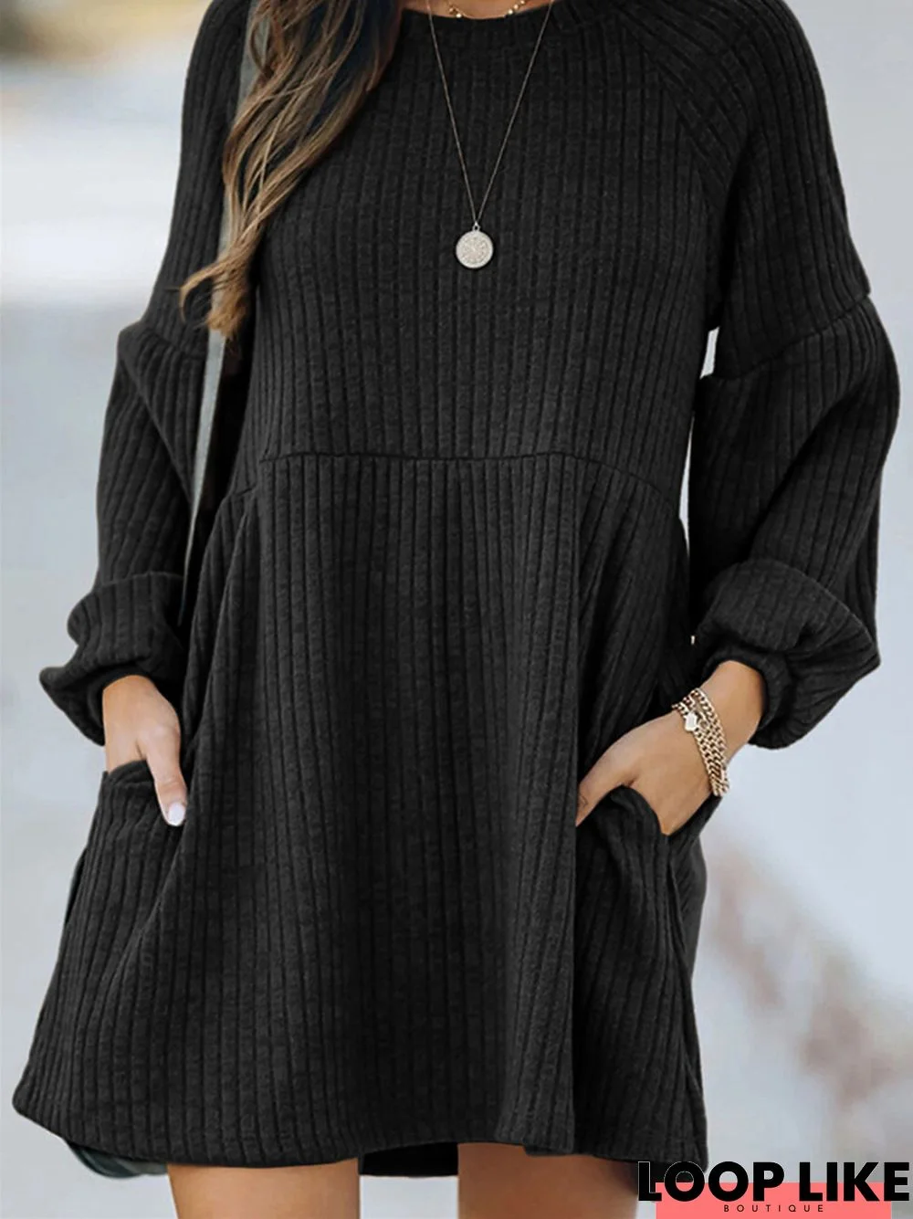 Solid Color Round Neck Knit Long Sleeve Dress