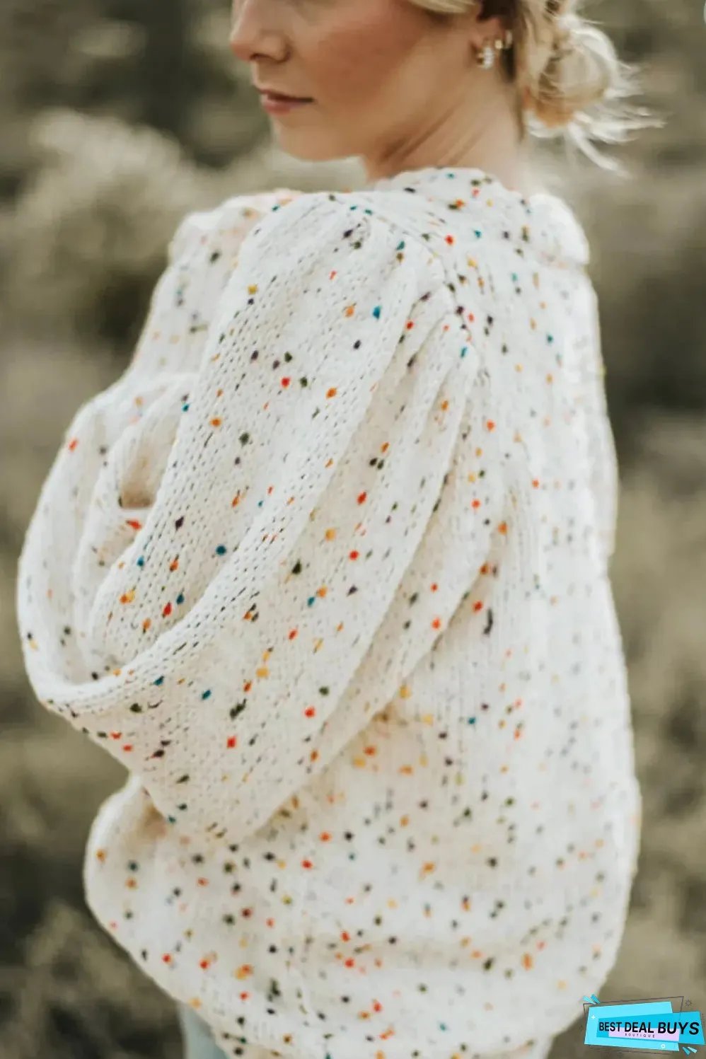 Beige Colorful Dots Cable Knit Crew Neck Sweater