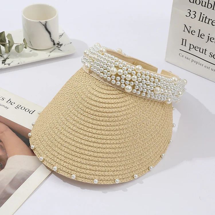 Thin Fashion Pearl Sunshade Topless Straw Hat 