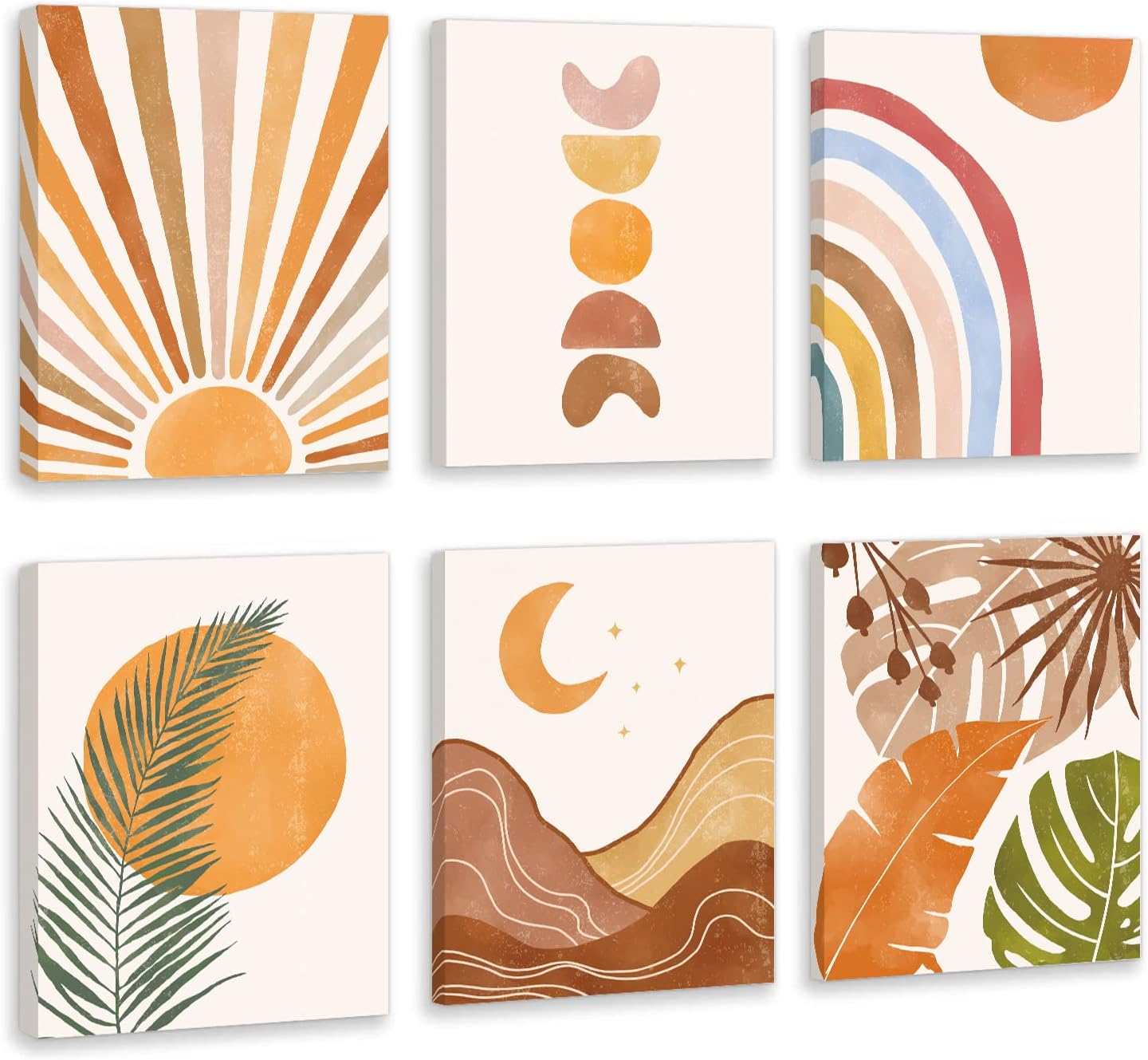 HPNIUB Boho Wall Decor, Minimalist Mid Century Modern Rainbow Canvas Wall Art Print Set Of 6 Piece (8x10inch,Framed), Bohemian Moon Phases Wall Sunrise Painting For Living Room Office Home Decor(Style 3) Boho print-3