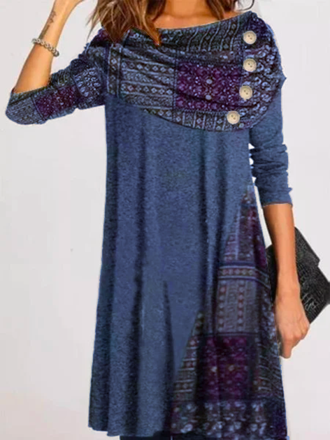 Casual Cotton Round Neck Long Sleeve Knitting Dress D100- Fabulory