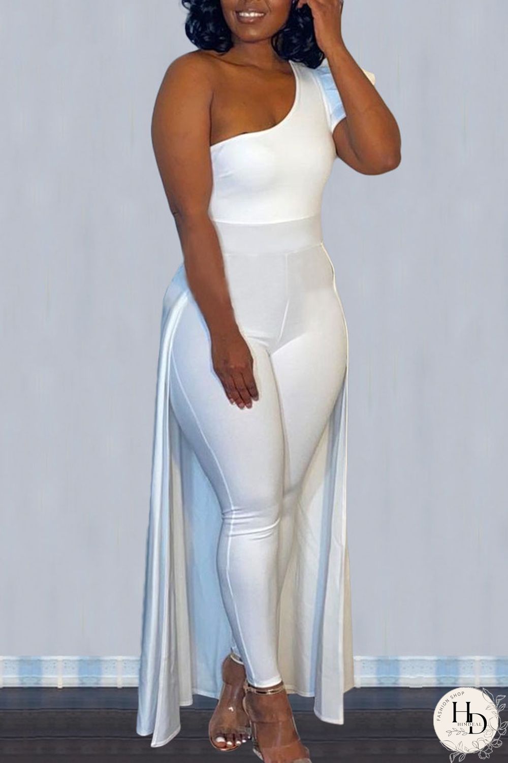 Tangerine Casual Solid Patchwork Asymmetrical Oblique Collar Skinny Jumpsuits