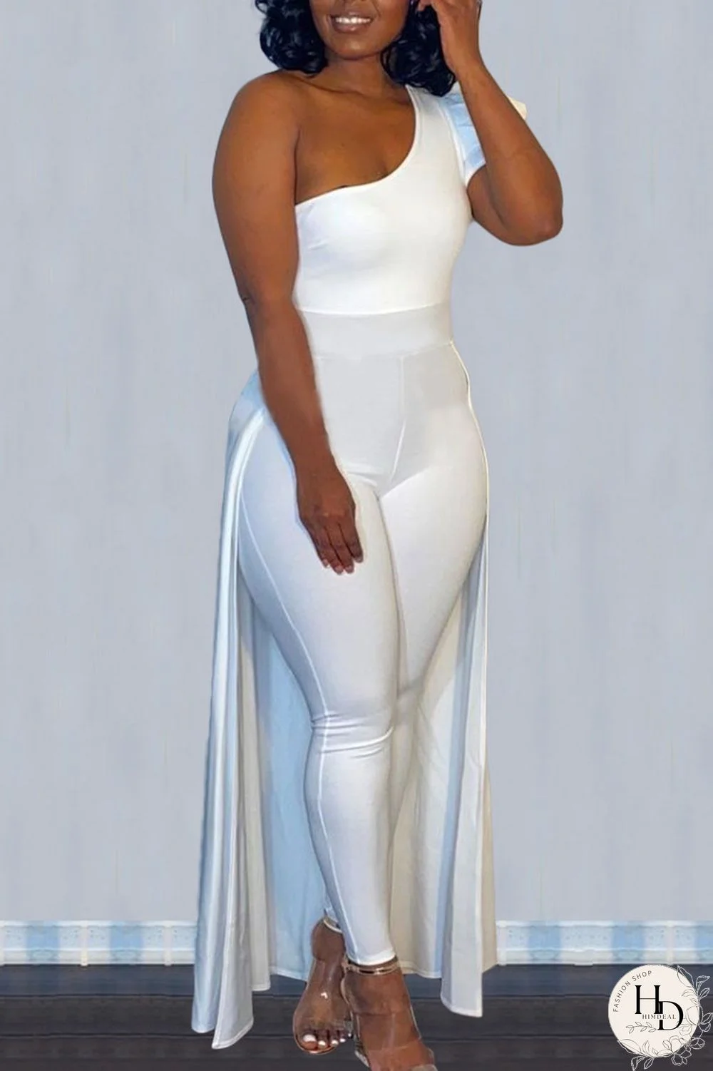 Tangerine Casual Solid Patchwork Asymmetrical Oblique Collar Skinny Jumpsuits