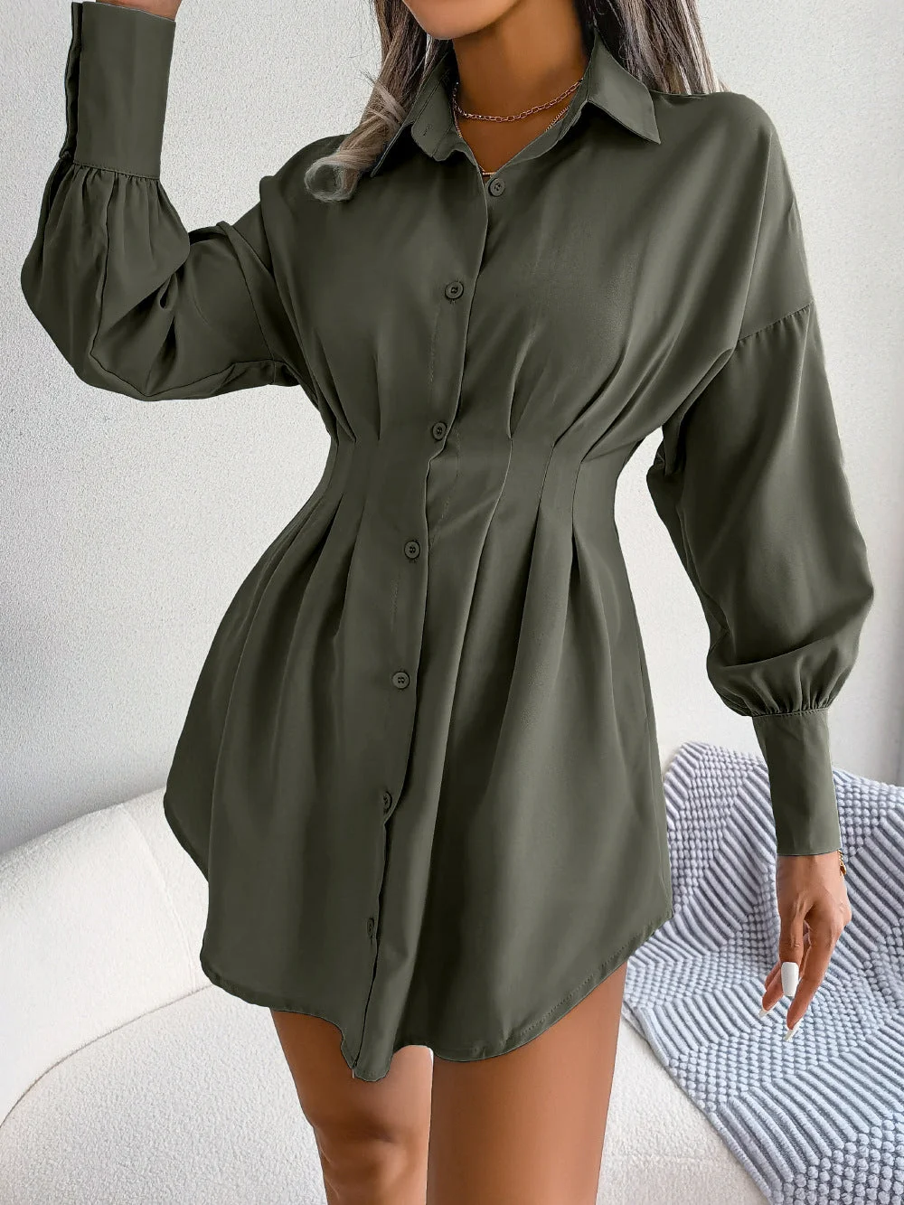 Woherb Casual Lantern Sleeve Waist-tight Asymmetric Shirt Women's Dress