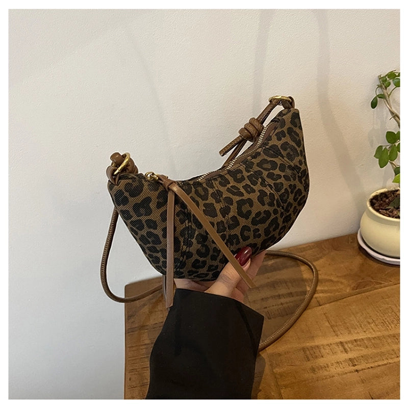 Women’s Canvas Leopard Vintage Style Dumpling Shape Zipper Shoulder Bag Crossbody Bag