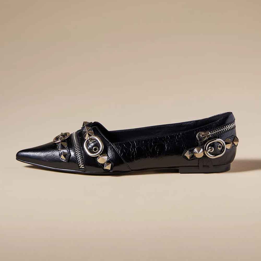 Women's Black Closed Toe Studded Flats with Buckle Nicepairs