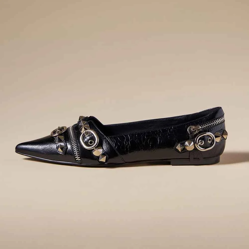 Black Vegan Leather  Closed Pointed Toe Silver Studded Buckle Slip-On Flat Pumps Nicepairs