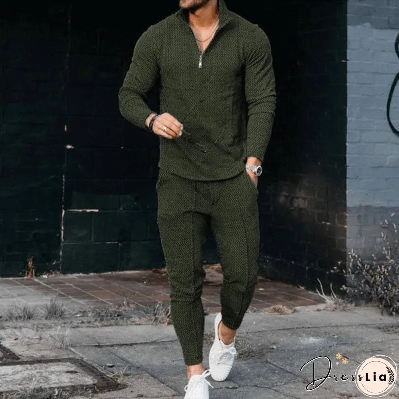 Men's Activewear Casual Half Zip Stand Collar Long Sleeve Pullover T-Shirt and Pant Set Men's Streetwear Solid Color 2 Piece Set