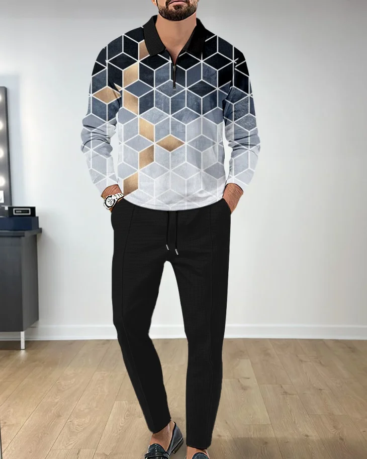 Men's Casual Colorblock Personalized Long Sleeve Polo Shirt Set 125