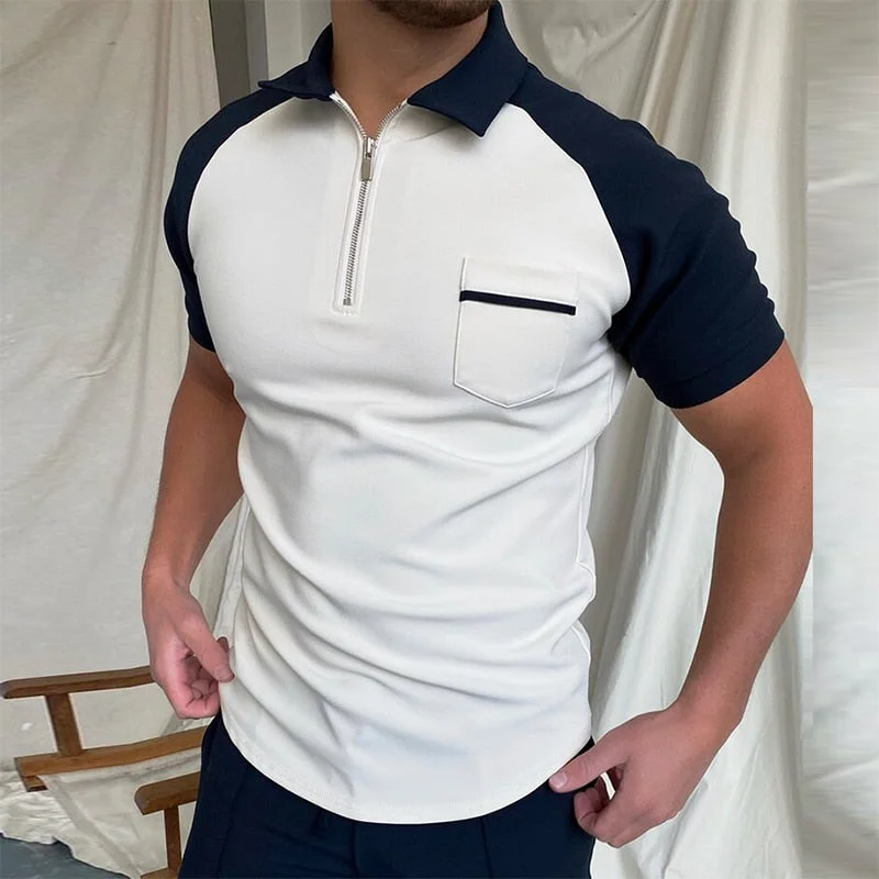 2021 Men Polo Shirts Casual Patchwork Turn-down Collar Zipper Design Summer Fashion Short Sleeve Tops Harajuku Mens Streetwear