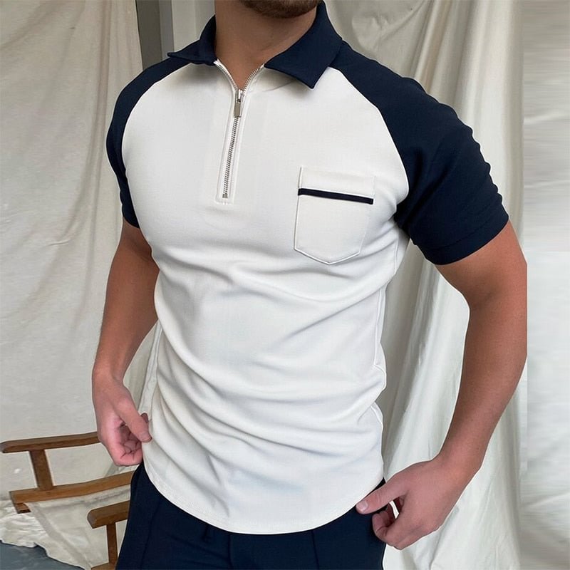 Fashion Patchwork Men Short Sleeve Polo Shirts Casual Turn-down Collar Zipper Design Tops 2021 Summer Harajuku Men's Streetwear