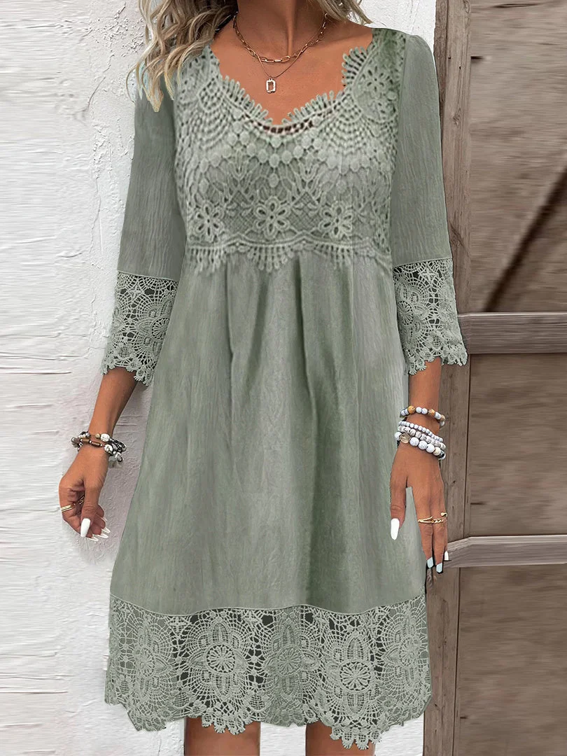 Women plus size clothing Green - Women's 3/4 Sleeve V-neck Solid Color Lace Midi Dress-Nordswear