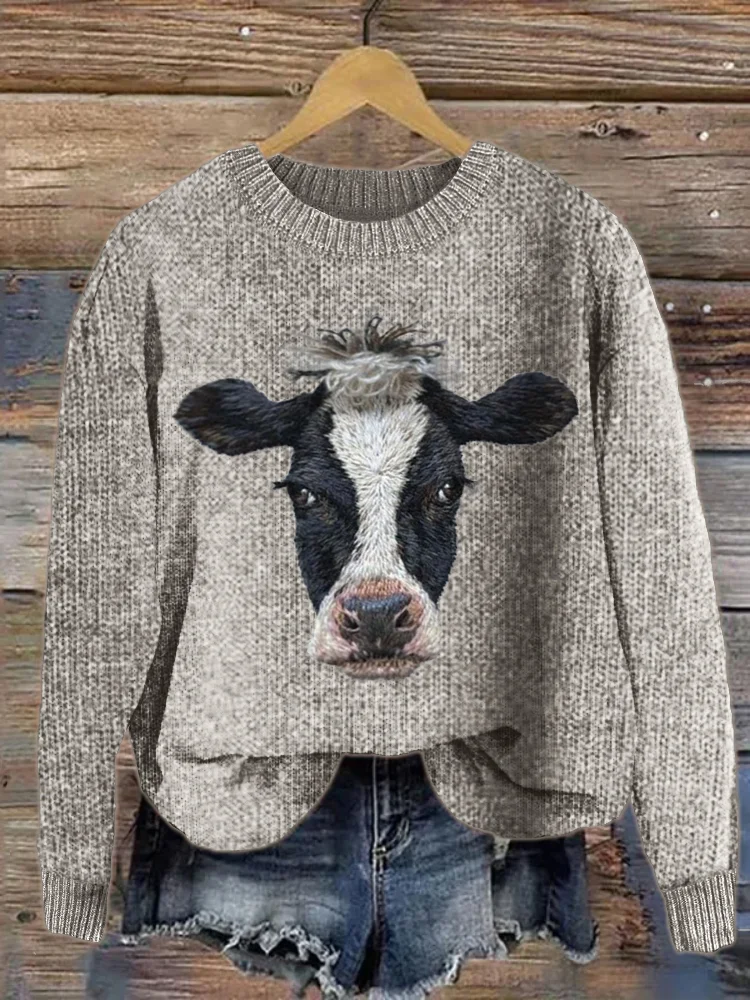 Dairy Cow Embroidery Art Cozy Knit Sweater