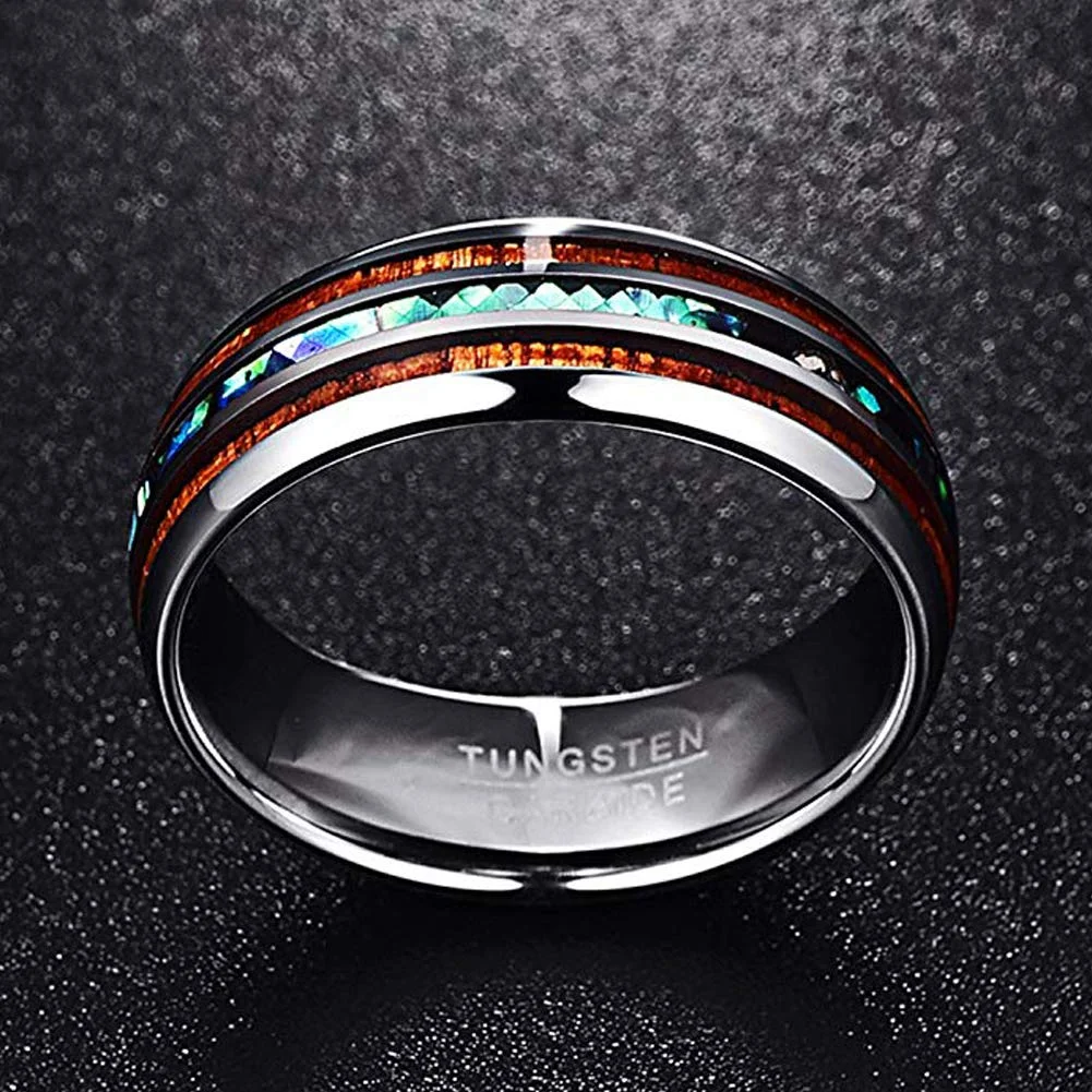 6MM 8MM Tungsten Rings Hawaiian Koa Wood Abalone Shell Imitated Opal Inlay Tungsten Carbide Wedding Bands for Womens Men Comfort Fit
